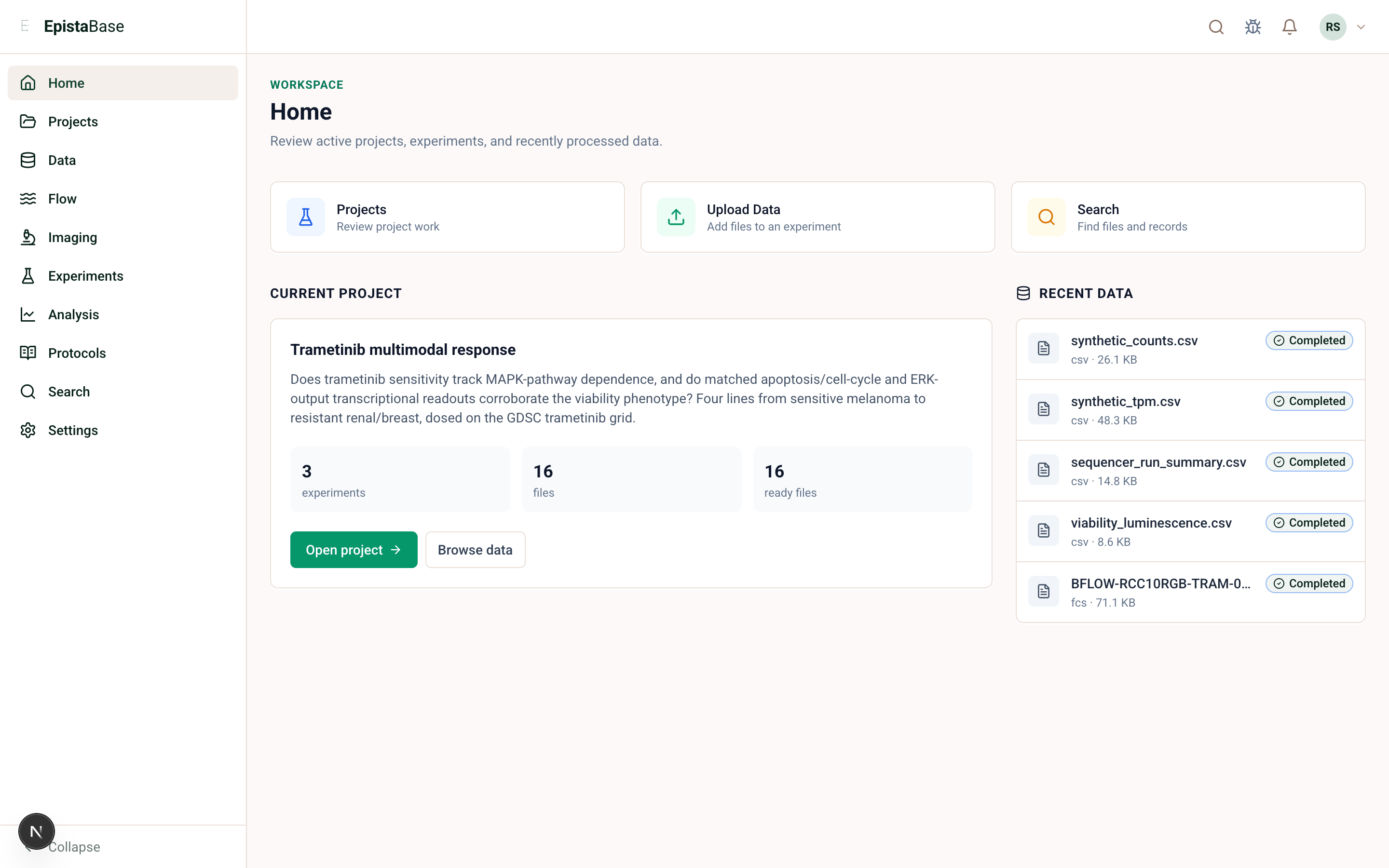 The EpistaBase workspace home