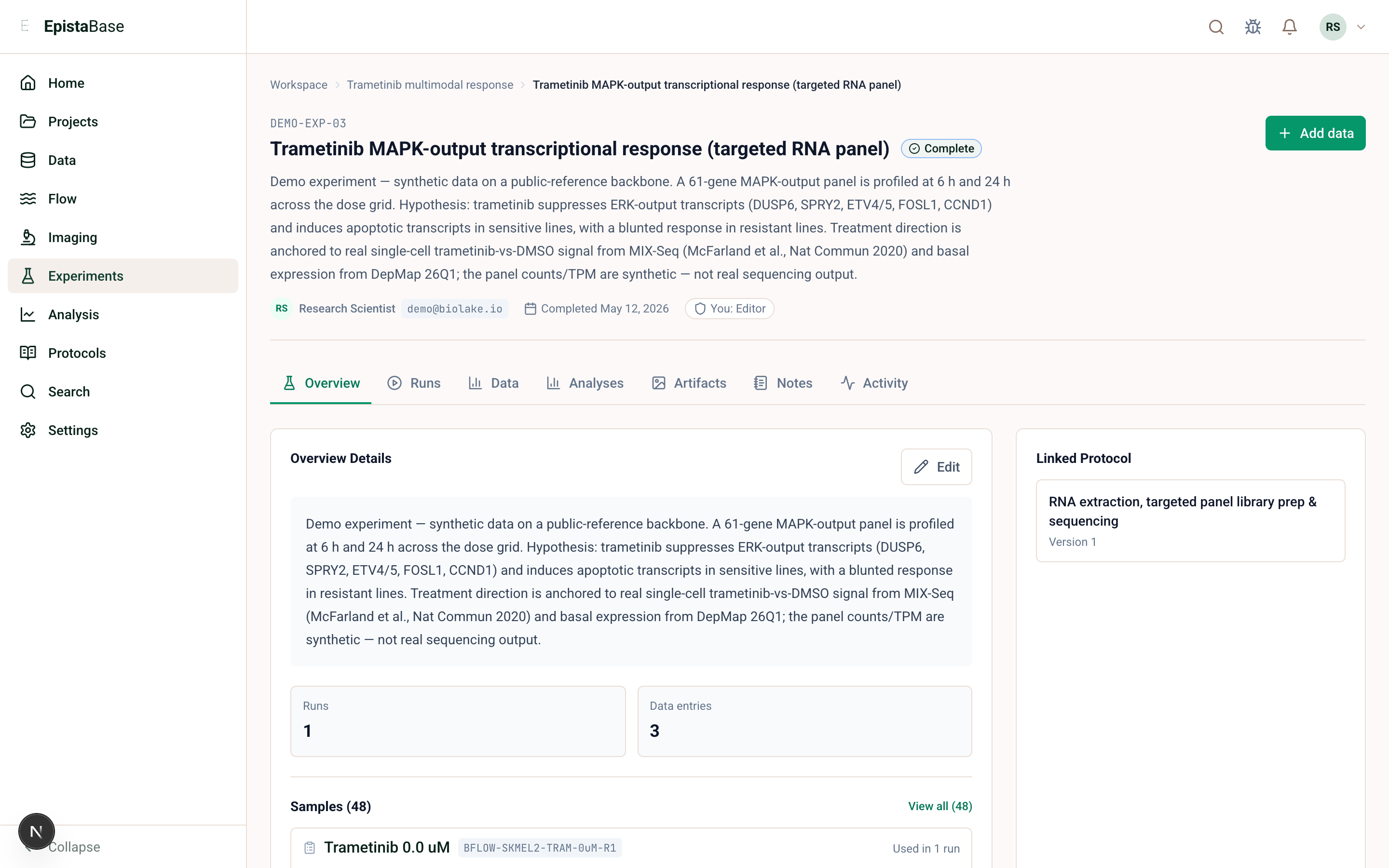 An EpistaBase experiment page with overview, linked protocol, and samples