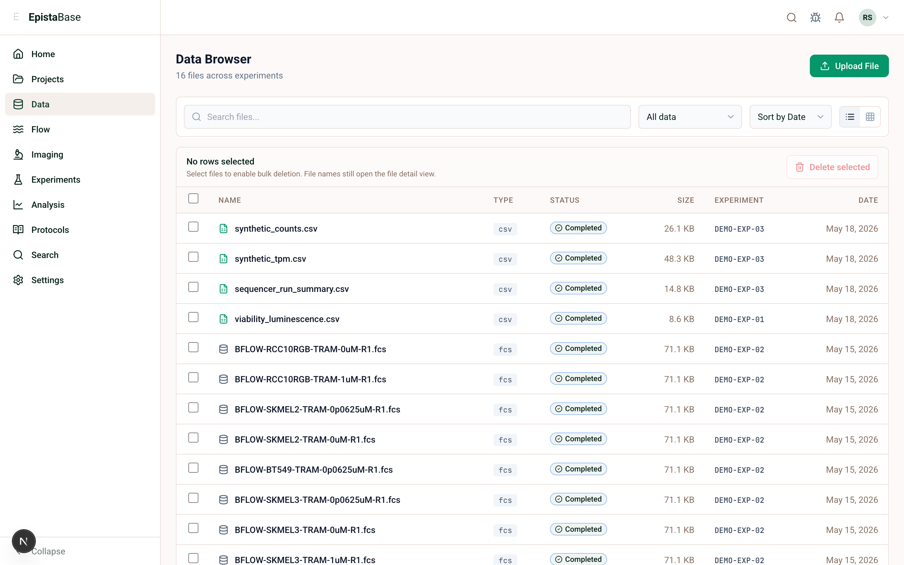 EpistaBase data browser listing files across experiments