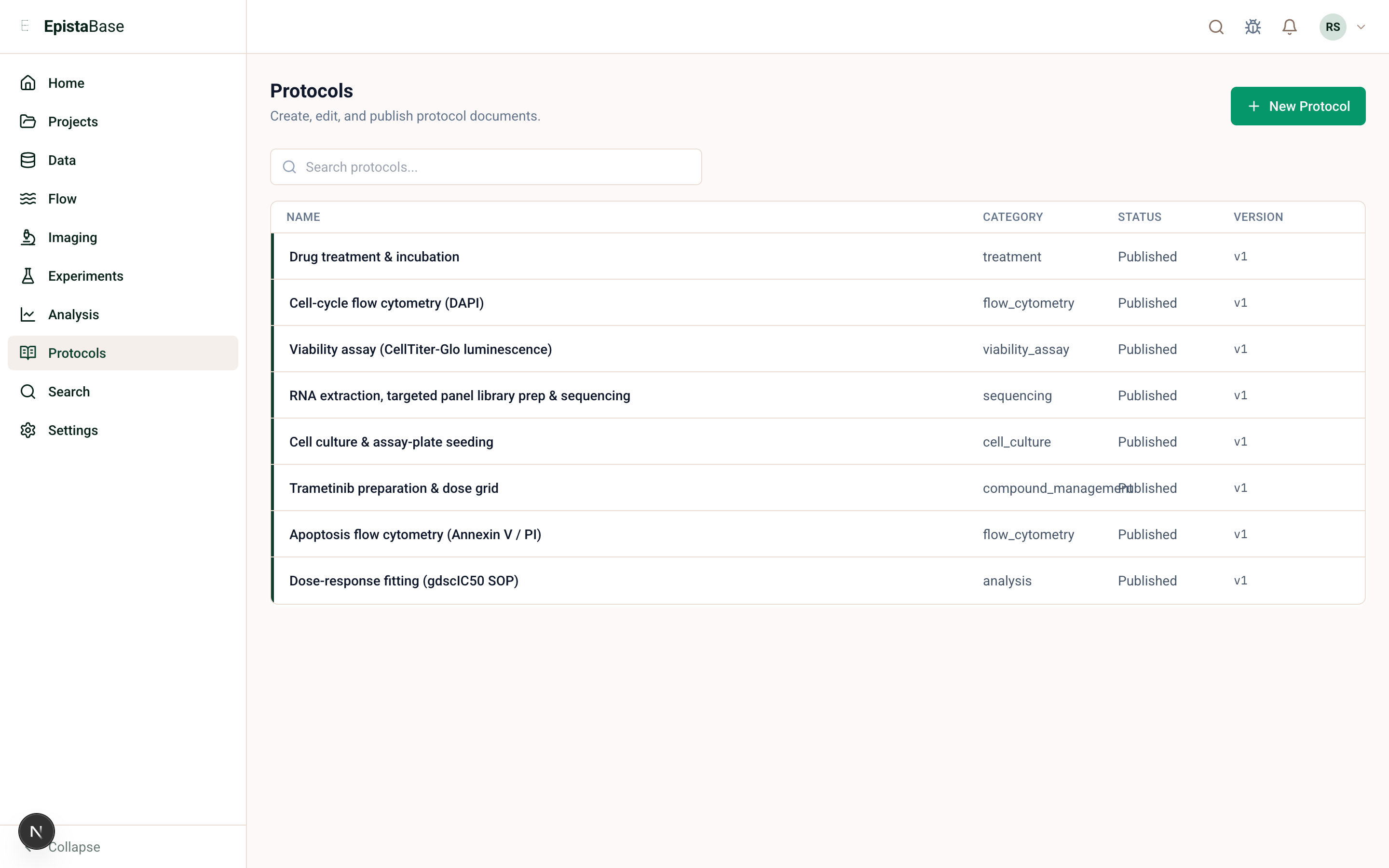 EpistaBase protocols list with versions