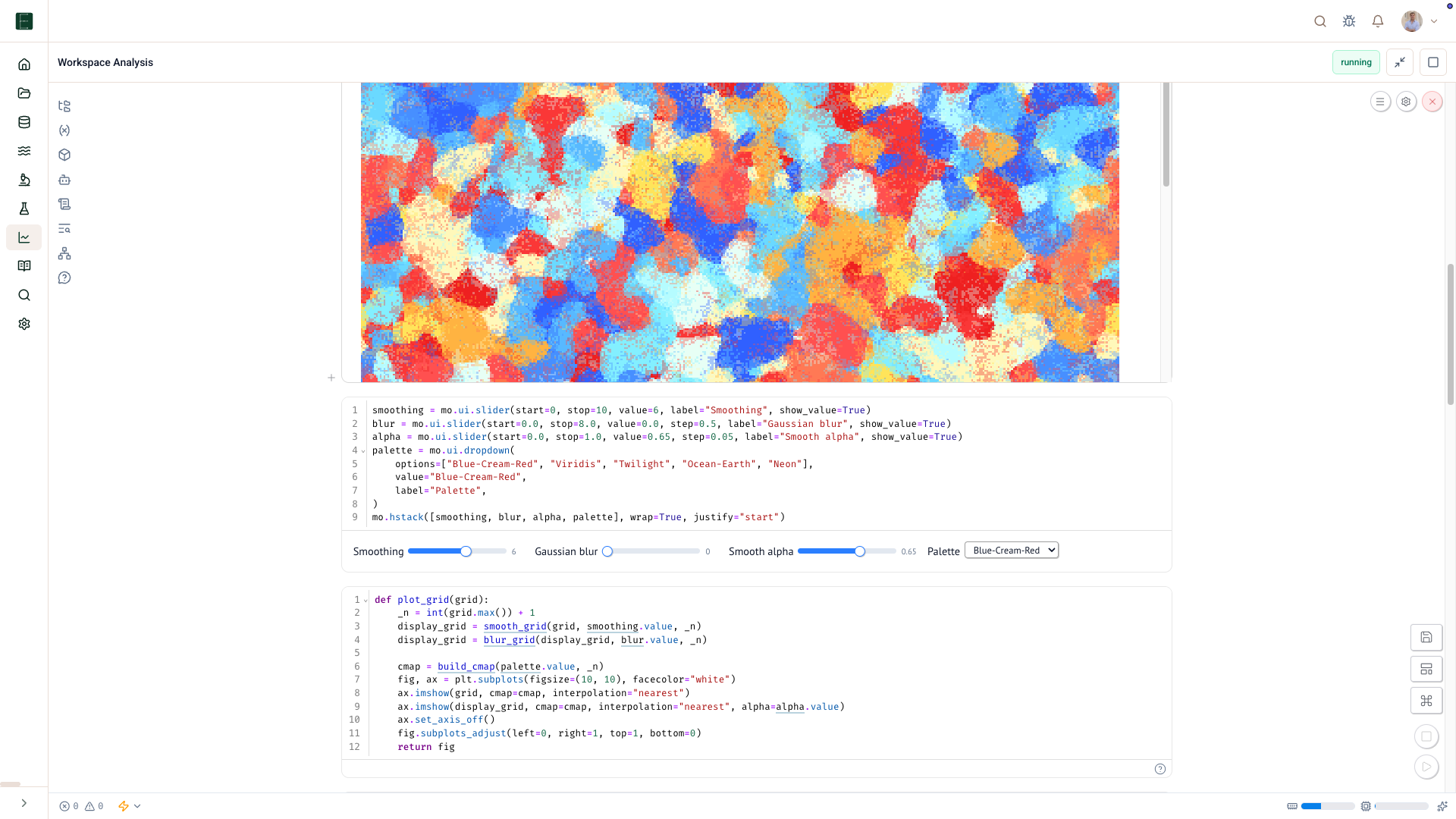 EpistaBase analysis notebook with a figure, code cells, and reactive controls